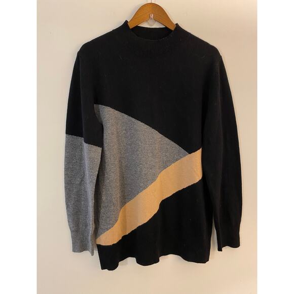 Chinti & Parker L Black Gray Tan Mockneck Sweater Wool Cashmere Blend Colorblock - Picture 1 of 10